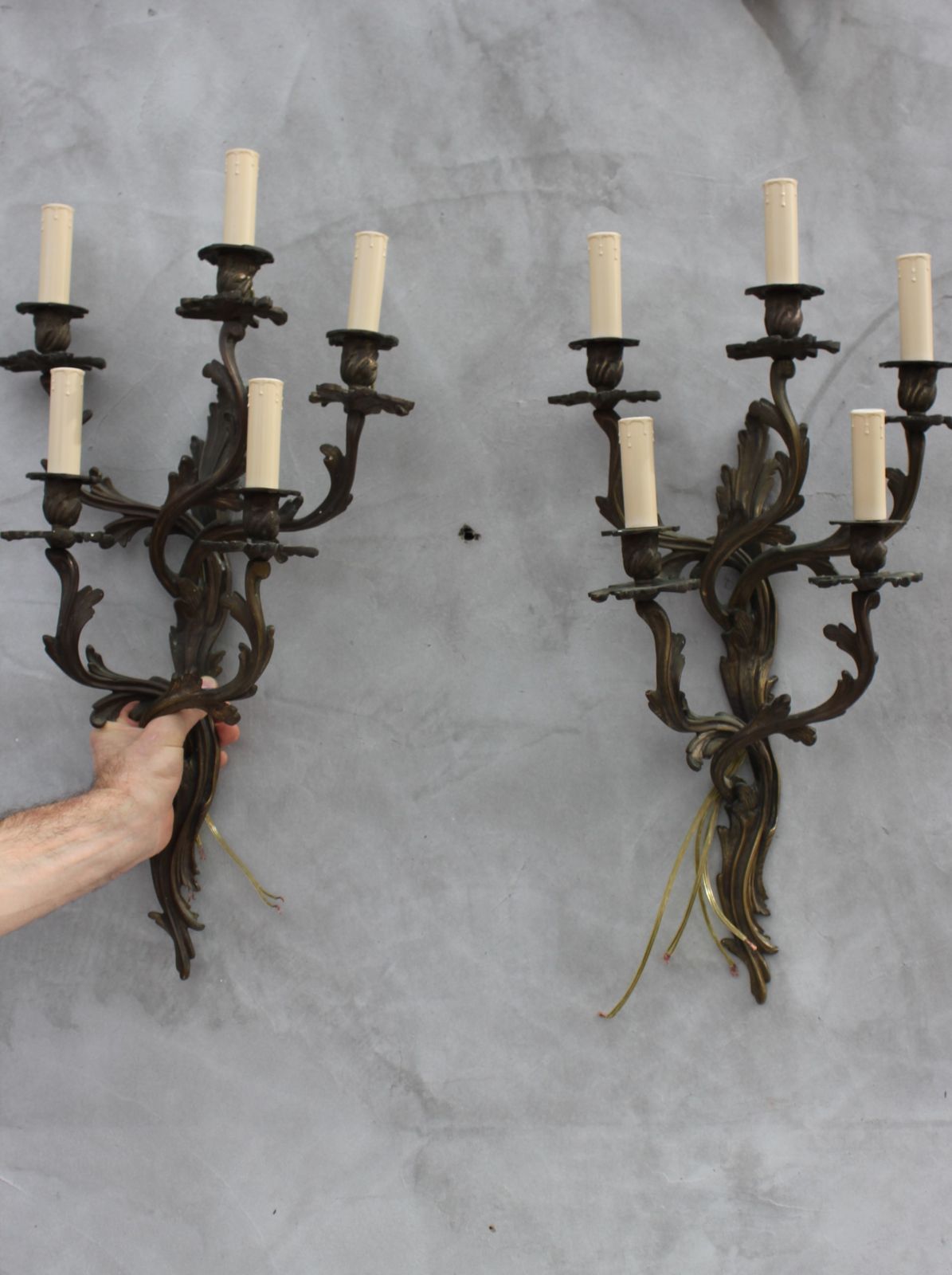 Lighting Pair Of Large Wall Lamps With 5 Bulb Lights Of Louis XV Rococo Style Bronze Sconces photo