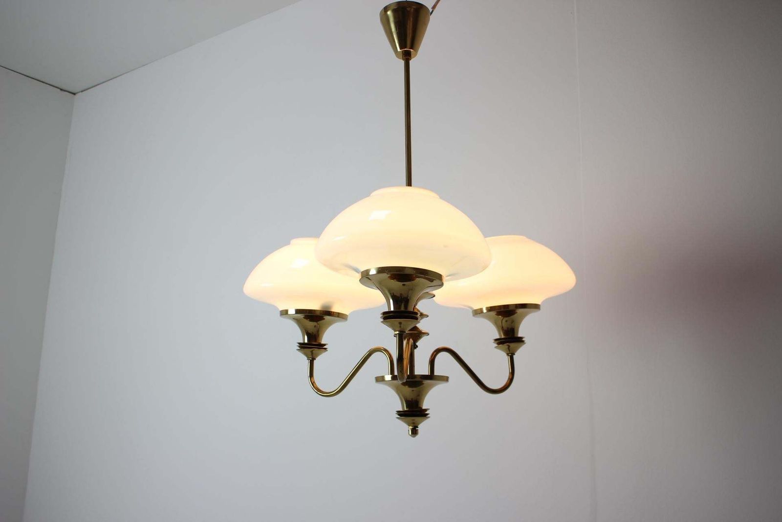 Mid Century Brass Chandelier, Czechoslovakia, 1970s, Made In Jablonec Glassworks photo vintage
