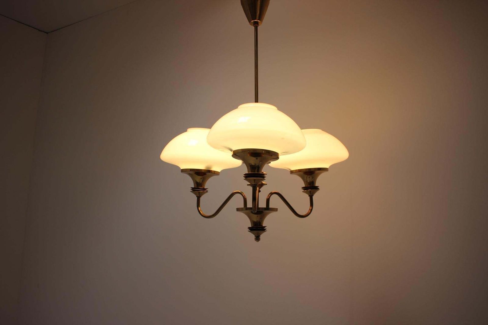 Lighting Mid Century Brass Chandelier, Czechoslovakia, 1970s, Made In Jablonec Glassworks photo
