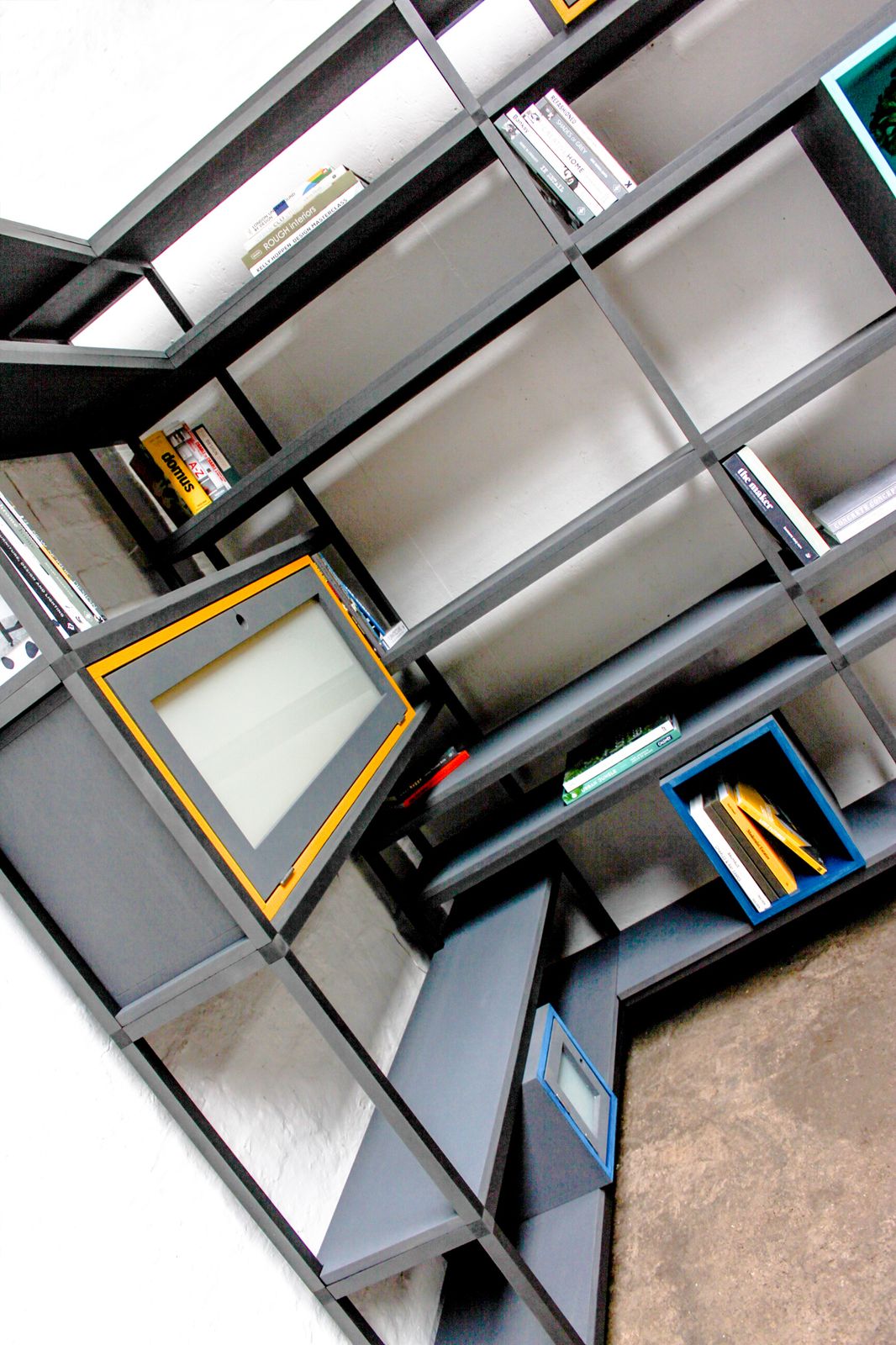 Rhys Bespoke Birch Ply And Aluminium Box Section Colourful Shelves And Storage With Drinks Cabinet photo Furniture