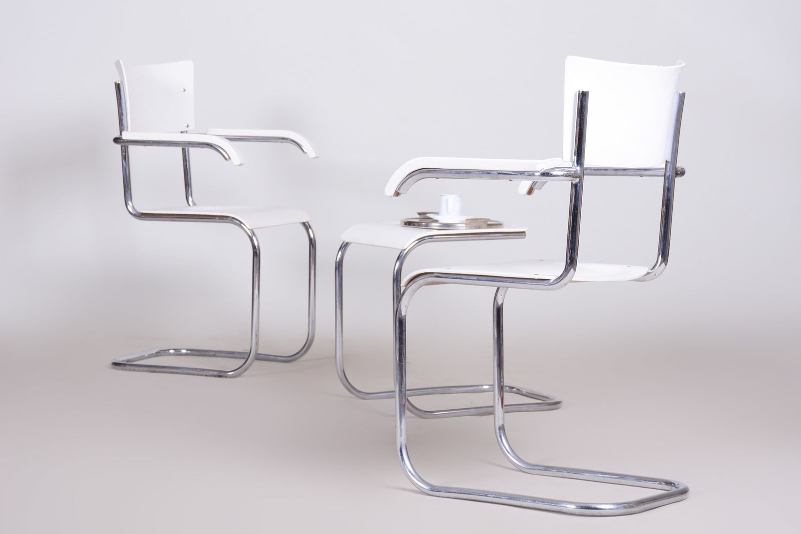 Pair Of Original White Mucke Melder Chairs And Stool Made In 1930s Czechia photo vinterior