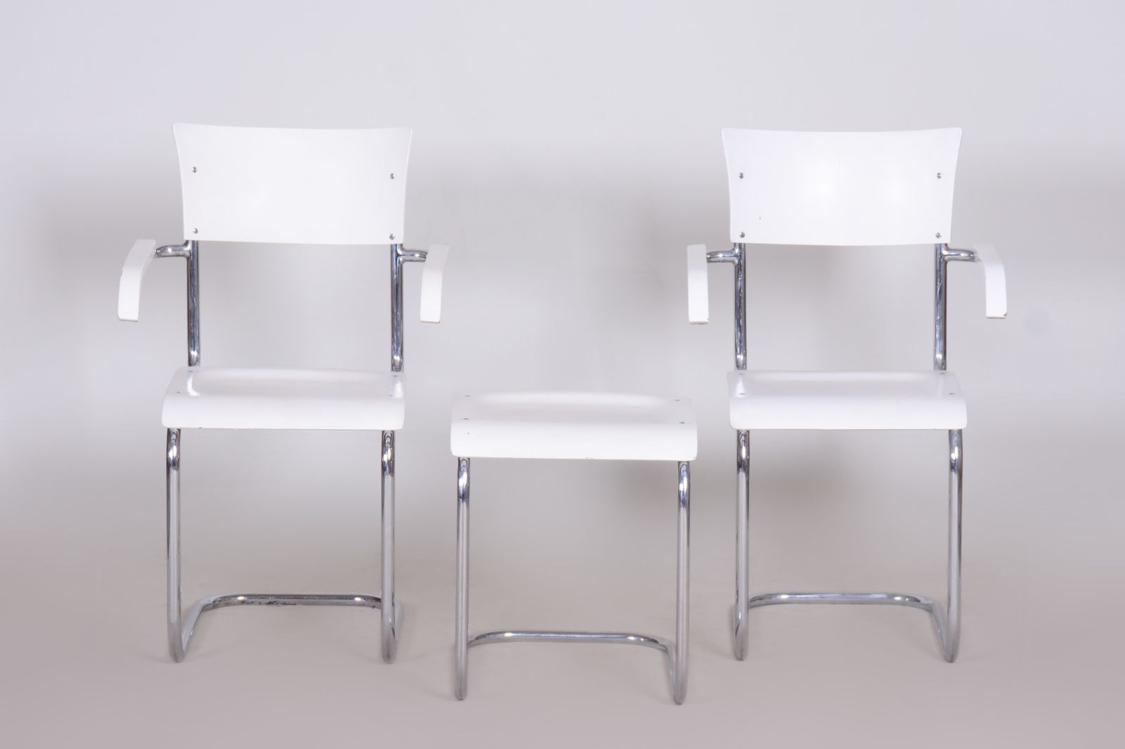 photo vinterior Pair Of Original White Mucke Melder Chairs And Stool Made In 1930s Czechia