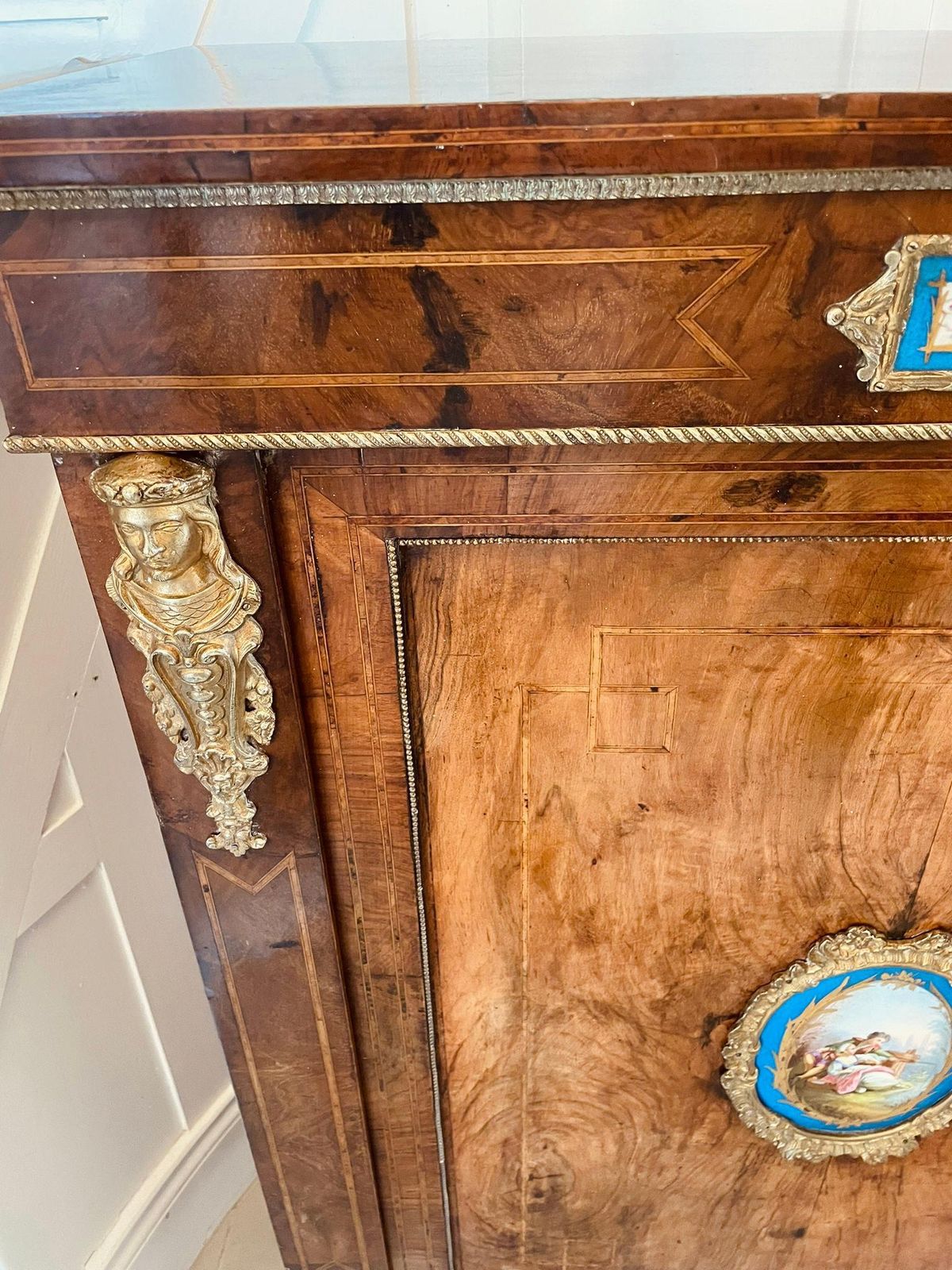 photo furniture Fantastic Pair Of Antique Inlaid Burr Walnut And Porcelain Mounted Pier Cabinets