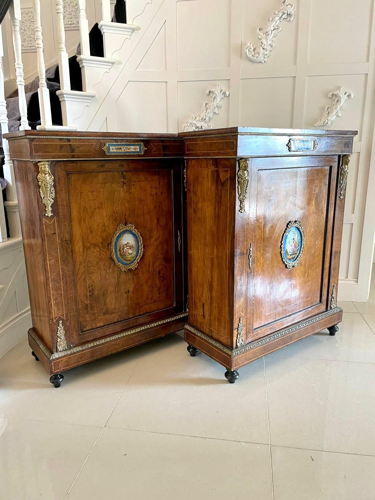 9950.0 Fantastic Pair Of Antique Inlaid Burr Walnut And Porcelain Mounted Pier Cabinets photo