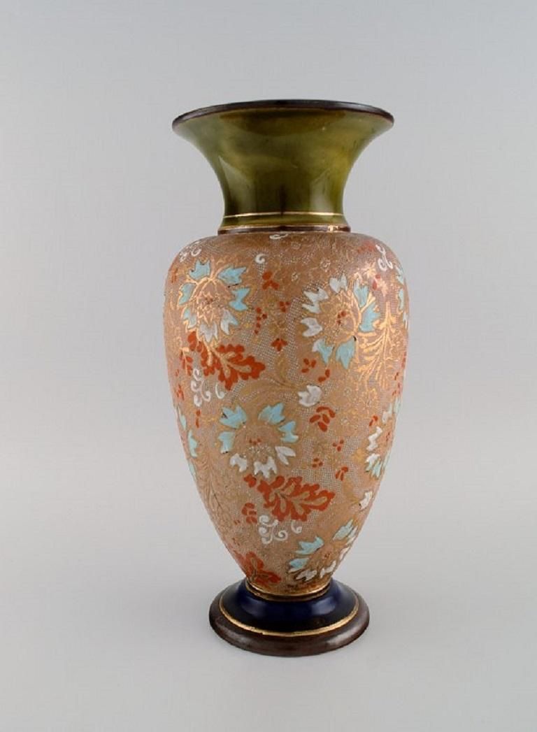 Large Doulton Lambeth Pottery Vase With Hand Painted Flowers And Gold Decoration photo furniture