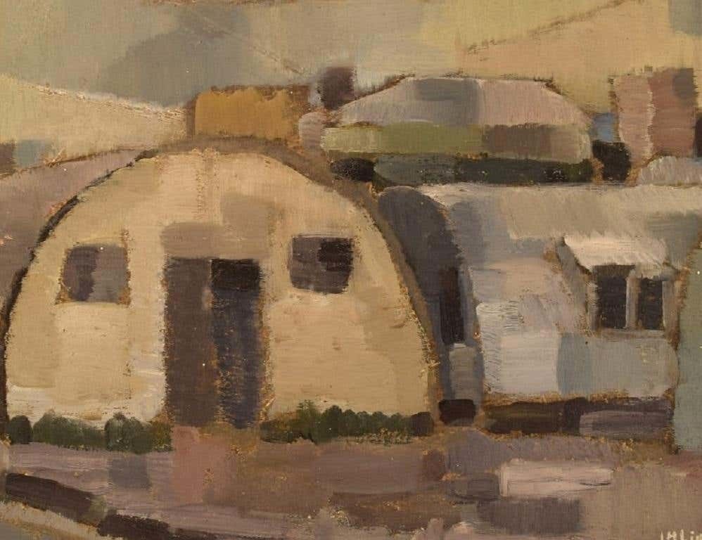 L.H. Lindberg, Sweden, Oil On Board, Modernist Landscape With Houses, 1960s /70s photo for sale