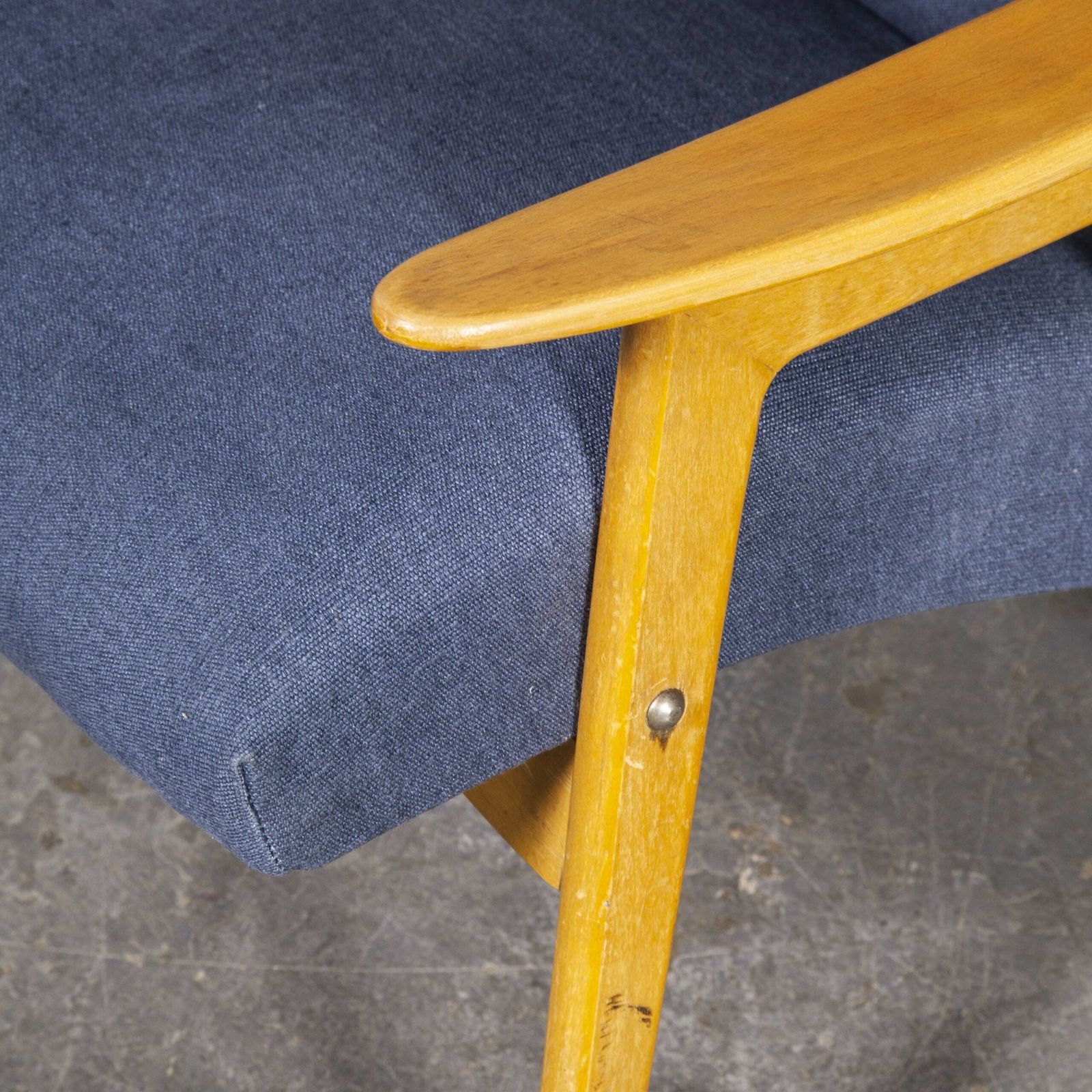 Mid Century Pair Of Upholstered Armchairs With Straight Arms And Top Caps photo vinterior