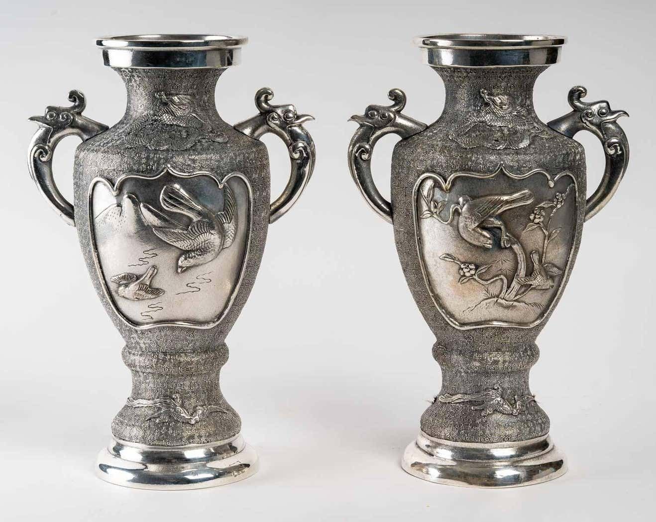 Pair Of Silvered Metal Vases, Asia photo for sale