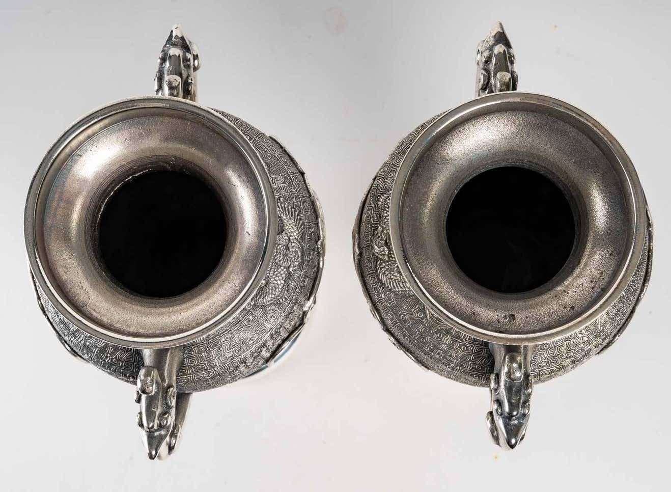 Pair Of Silvered Metal Vases, Asia photo buy