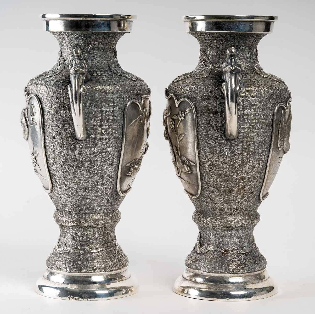 Pair Of Silvered Metal Vases, Asia photo vintage