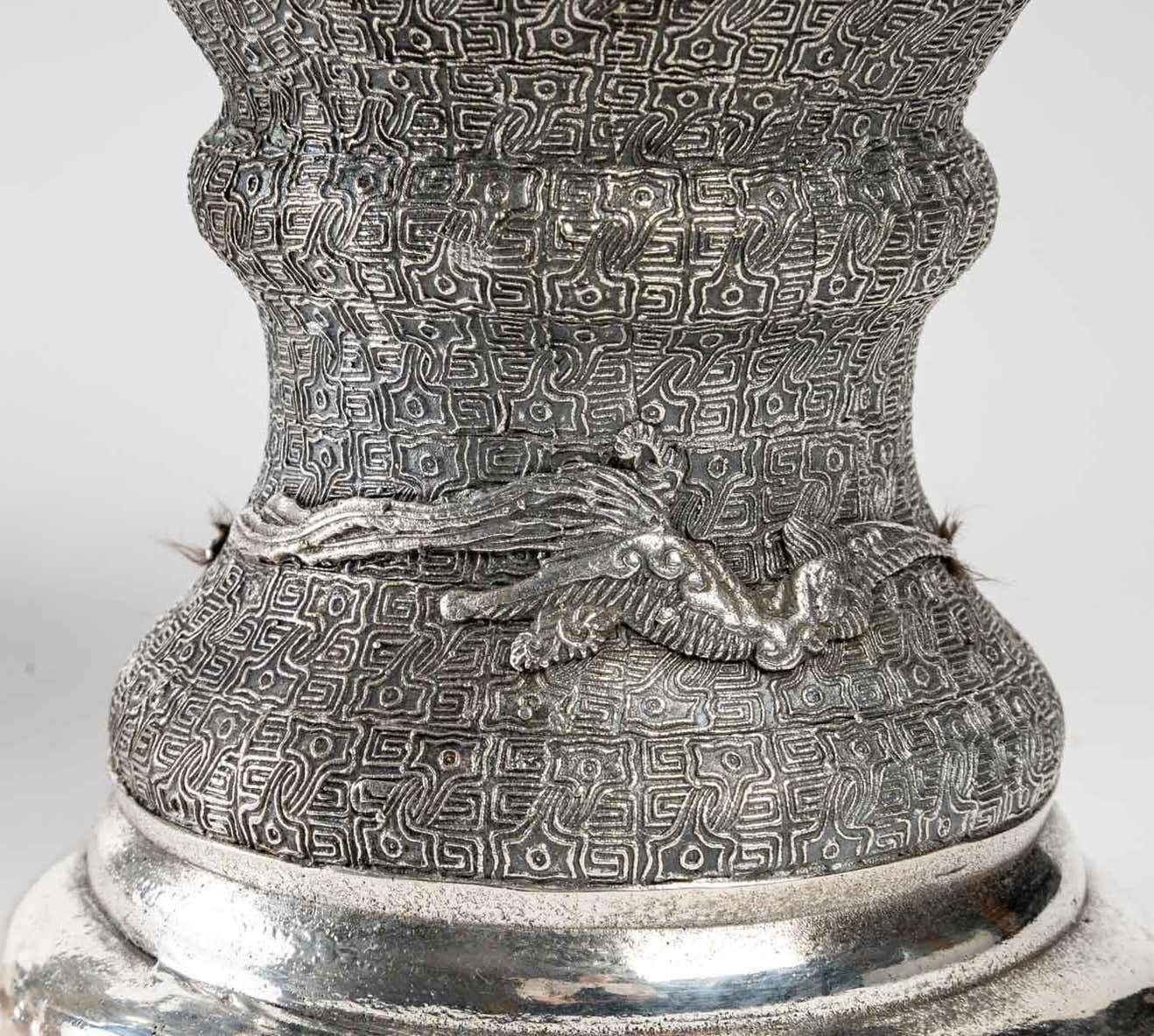 photo vintage Pair Of Silvered Metal Vases, Asia