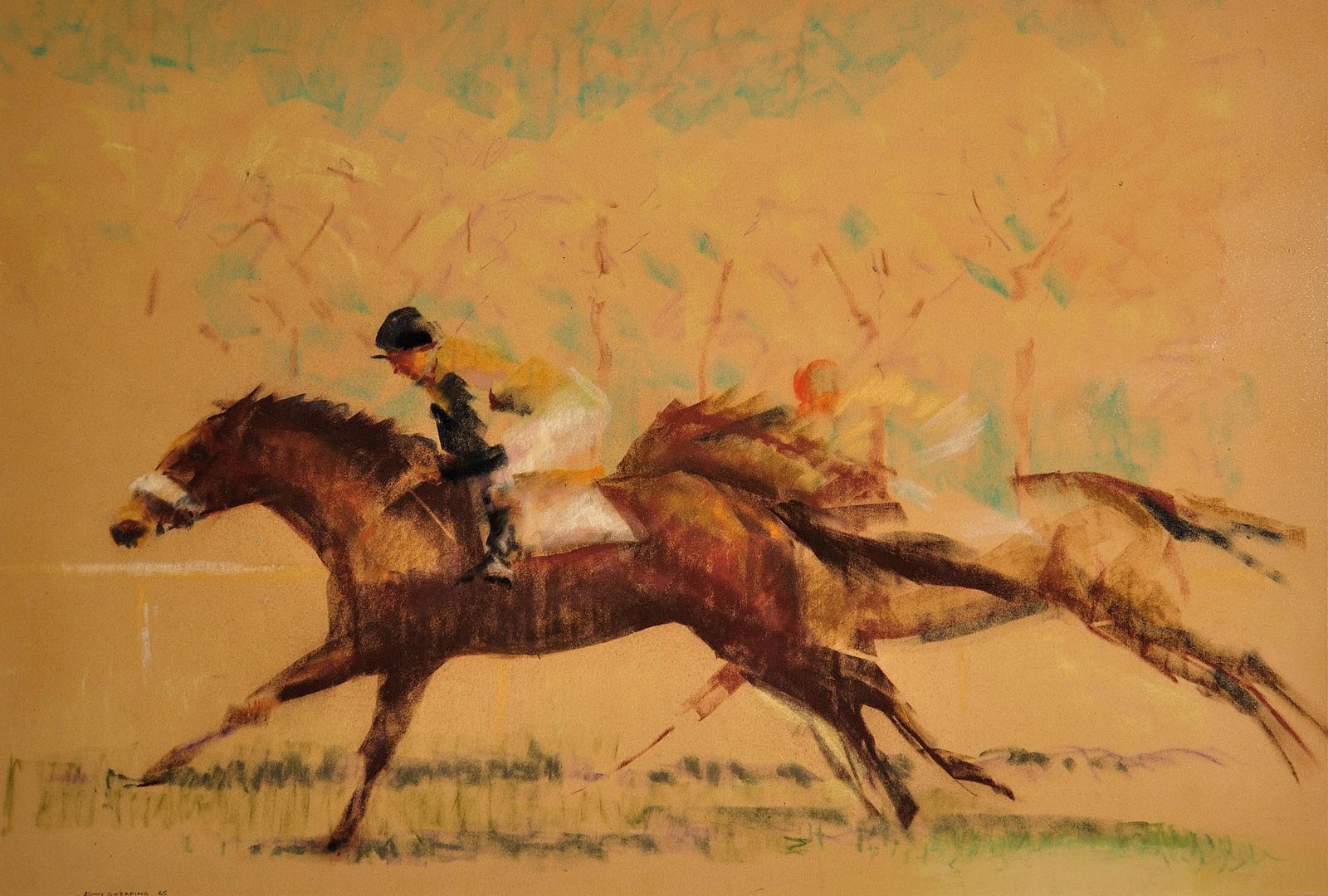 John Rattenbury Skeaping 1901 To 1980. Into The Final Furlong, 1965. Framed Equine Horse Racing Pastel Drawing On Coloured Paper. Mid Century British. photo furniture