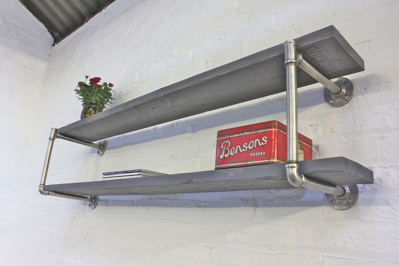 Ellis Grey Stained Reclaimed Scaffolding Boards And Polished Steel Pipe Wall Mounted Shelves 