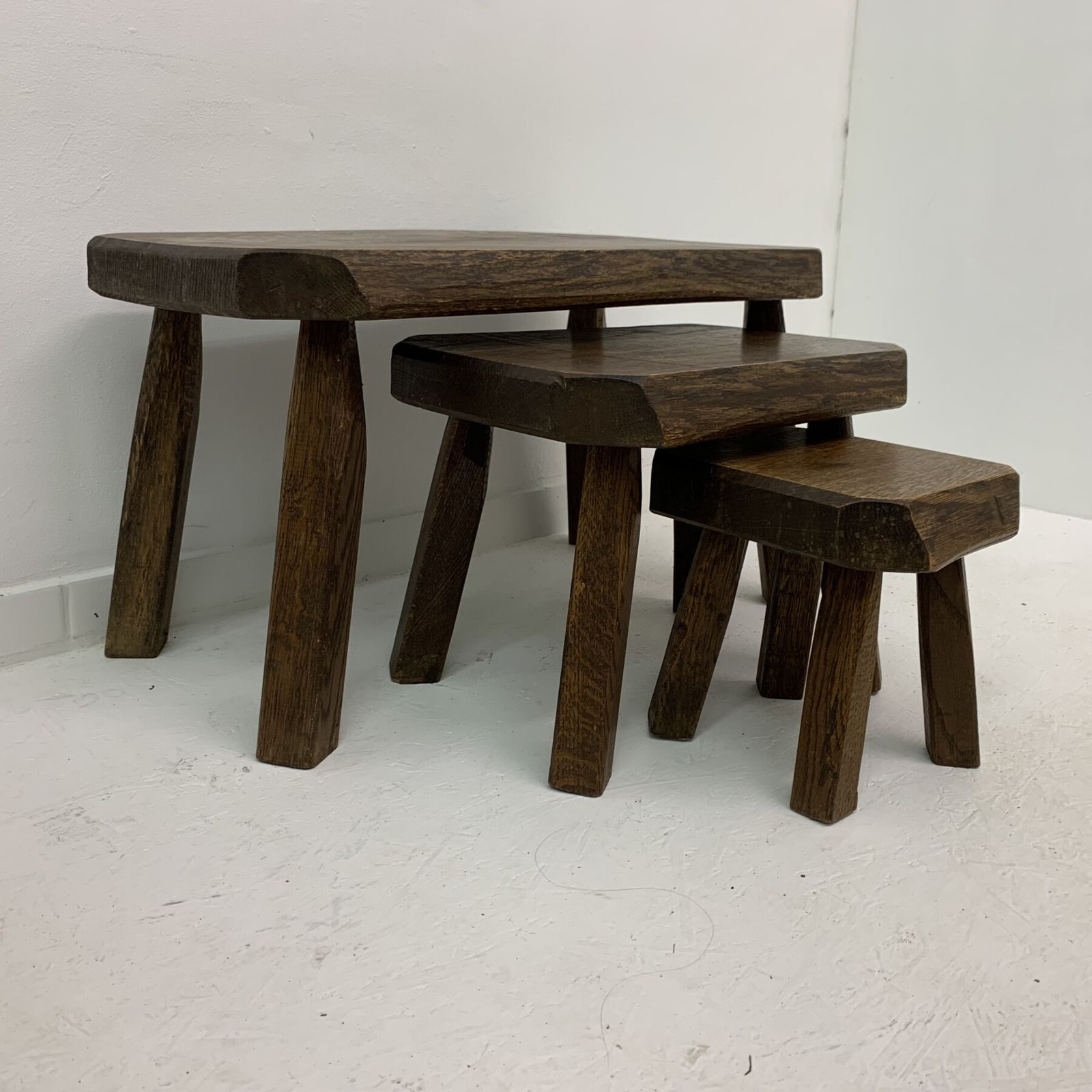 Set Of 3 Brutalist Oak Wood Nesting Tables, 1970’s photo furniture