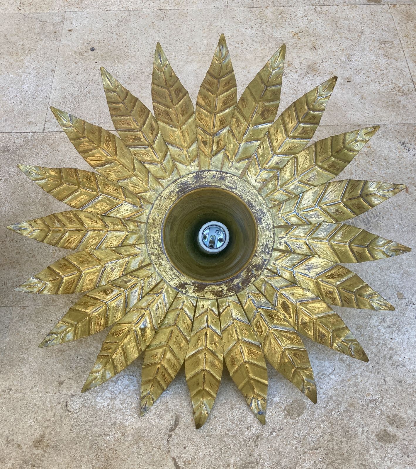 Pair Of Mid Century Spanish Sunburst Ceiling Light Fixture Or Wall Sconce In Wrought Gilt Iron, 1960s photo furniture