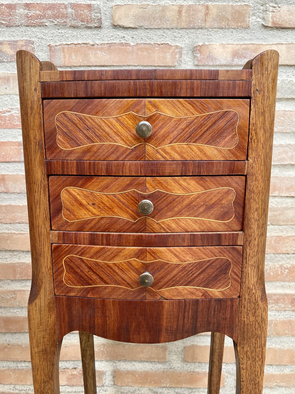 Pair Of French Louis XV Style Walnut And Marquetry Bedside Tables Or Nightstands With Three Drawers And Shelve photo Furniture