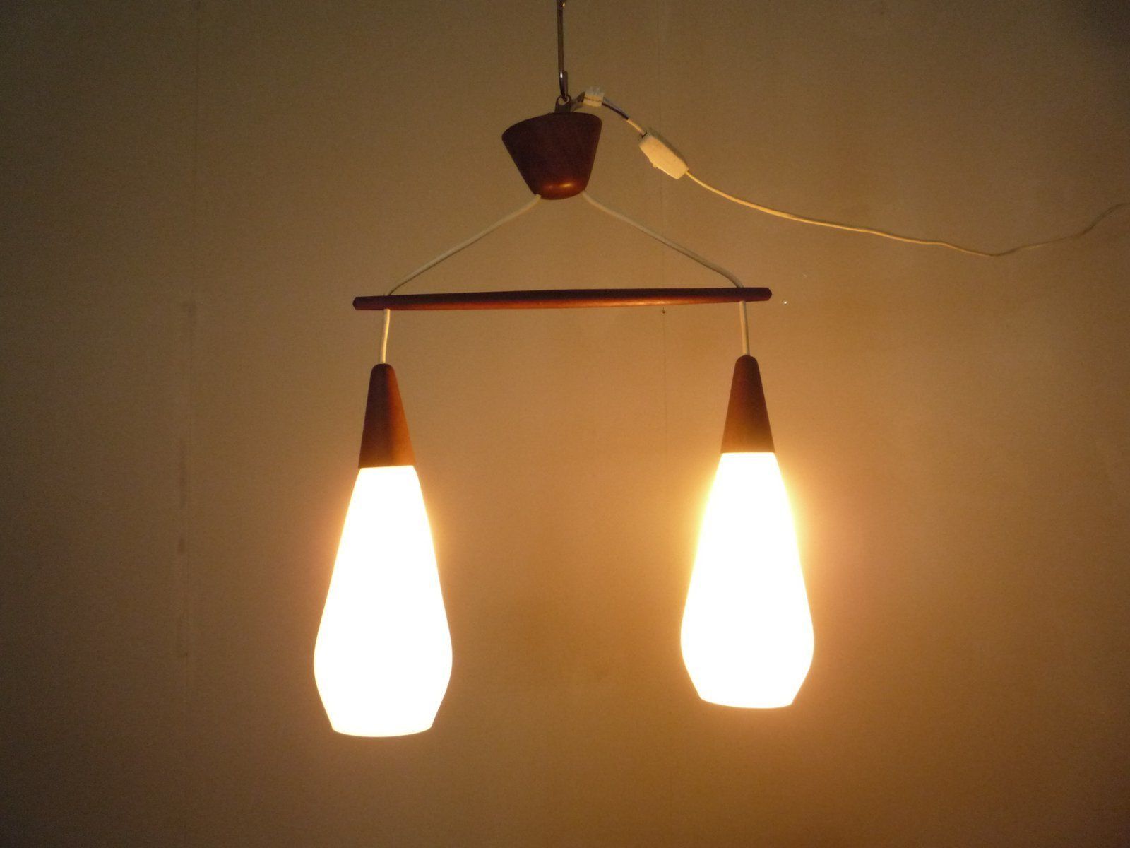 Glass & Teak Hanging Lamp In The Style Of Luxury photo for sale