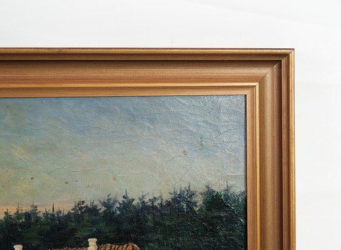 Oil Painting With Peasant House And Gold Frame From 1926. photo furniture