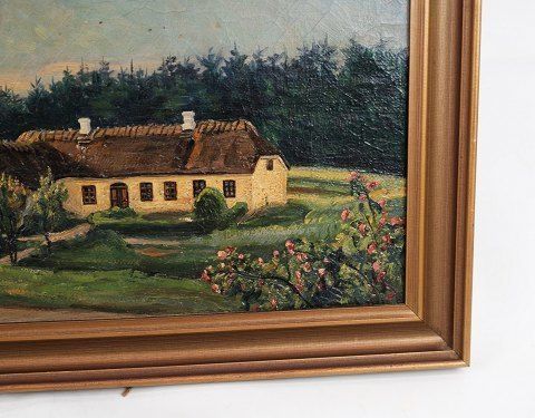 Oil Painting With Peasant House And Gold Frame From 1926. photo for sale