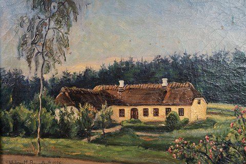 Oil Painting With Peasant House And Gold Frame From 1926. photo vinterior