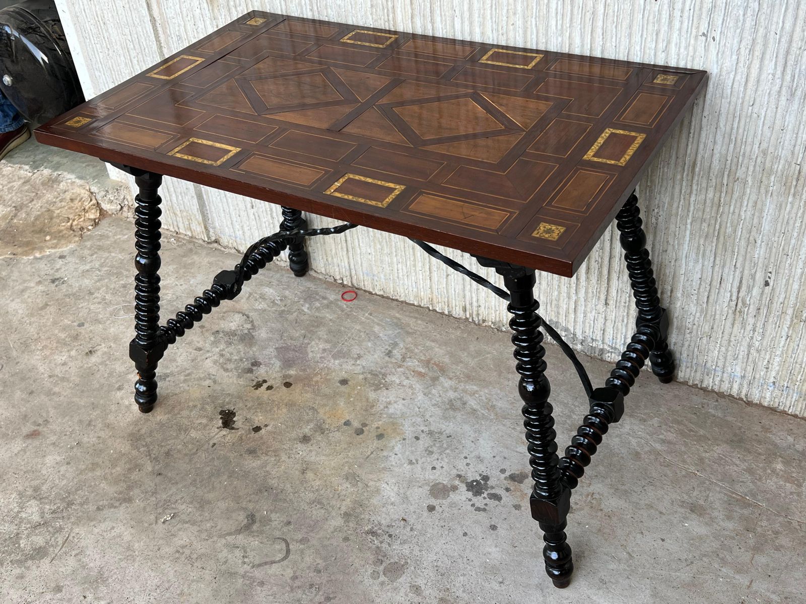 19th Century Baroque Spanish Side Table With Marquetry Top And Iron Stretcher photo 3011.0