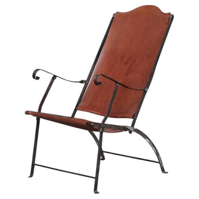 Pair Of Mid Century Leather And Metal Folding Armchairs