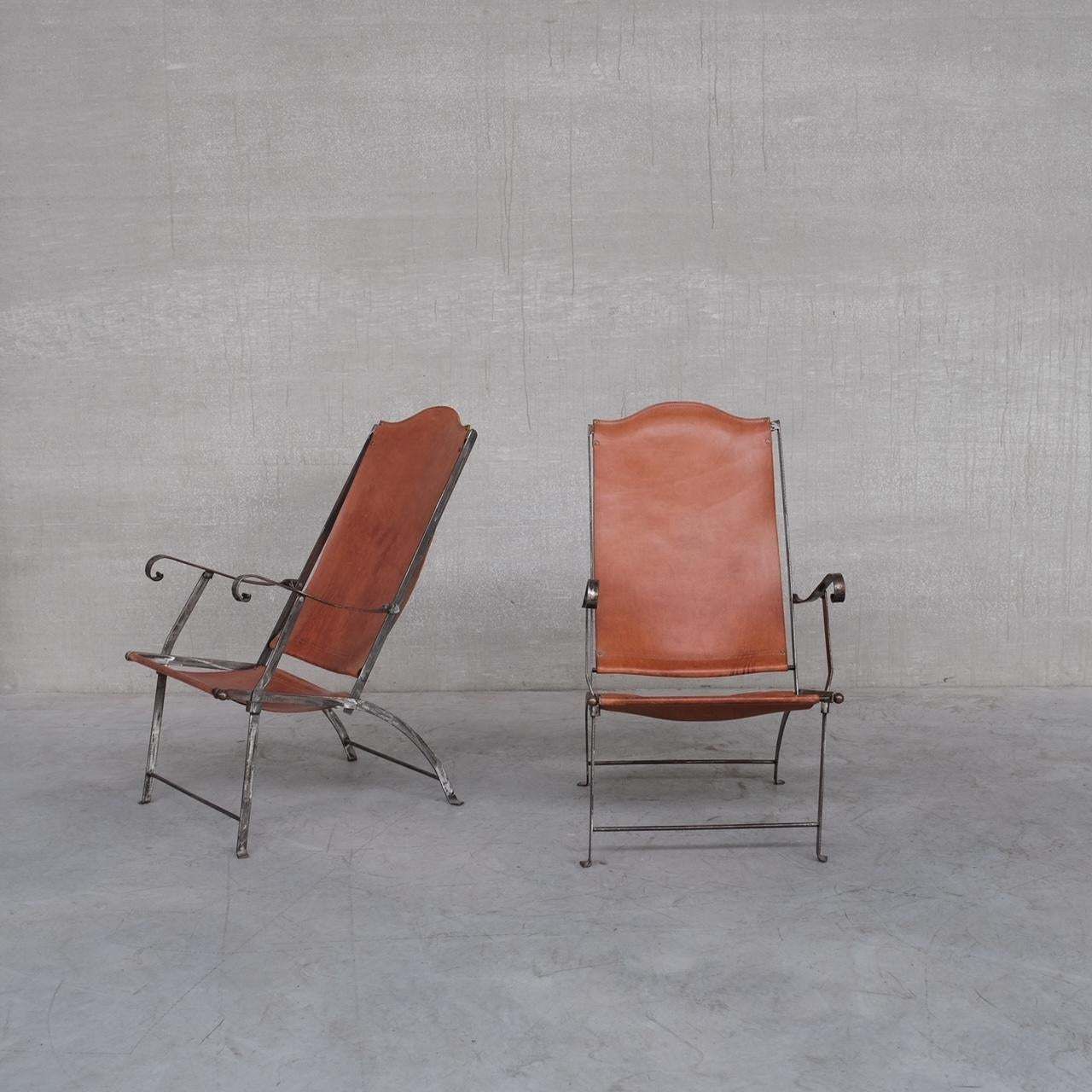 Furniture Pair Of Mid Century Leather And Metal Folding Armchairs photo