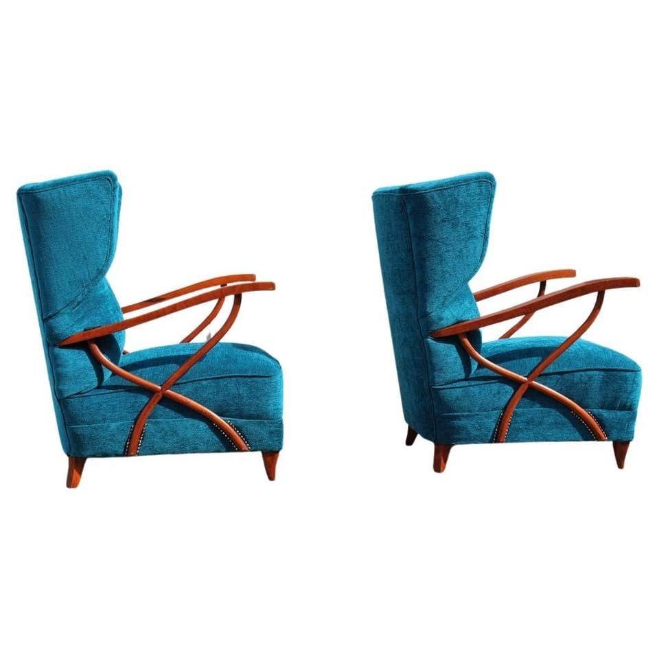 Pair Of Italian Armchairs In Cherry Wood Blue Velvet Paolo Buffa Design 1950