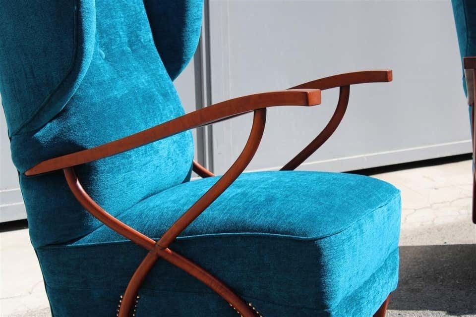Pair Of Italian Armchairs In Cherry Wood Blue Velvet Paolo Buffa Design 1950 photo 9500.0