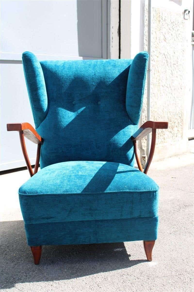 Pair Of Italian Armchairs In Cherry Wood Blue Velvet Paolo Buffa Design 1950 photo buy