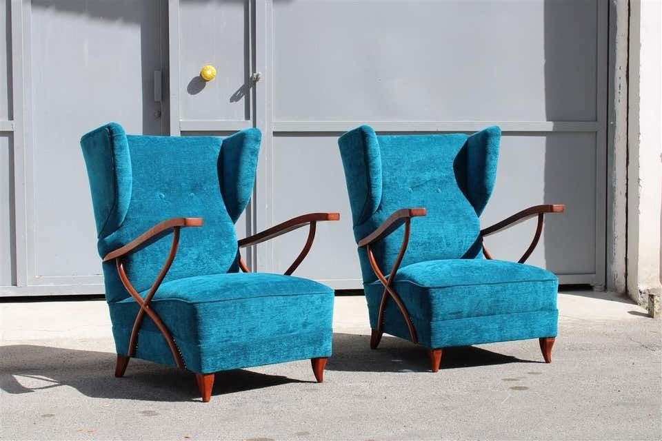 photo buy Pair Of Italian Armchairs In Cherry Wood Blue Velvet Paolo Buffa Design 1950