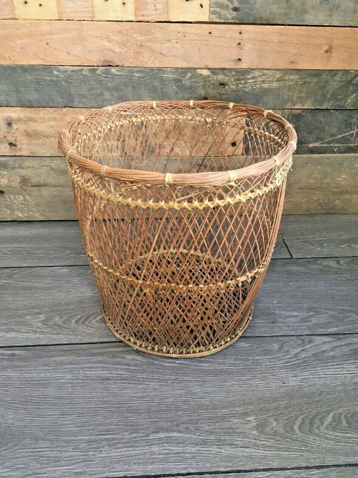 Vintage 50's 60's Woven Wicker Basket Waste Paper Bins Boho Tiki Retro Kitsch