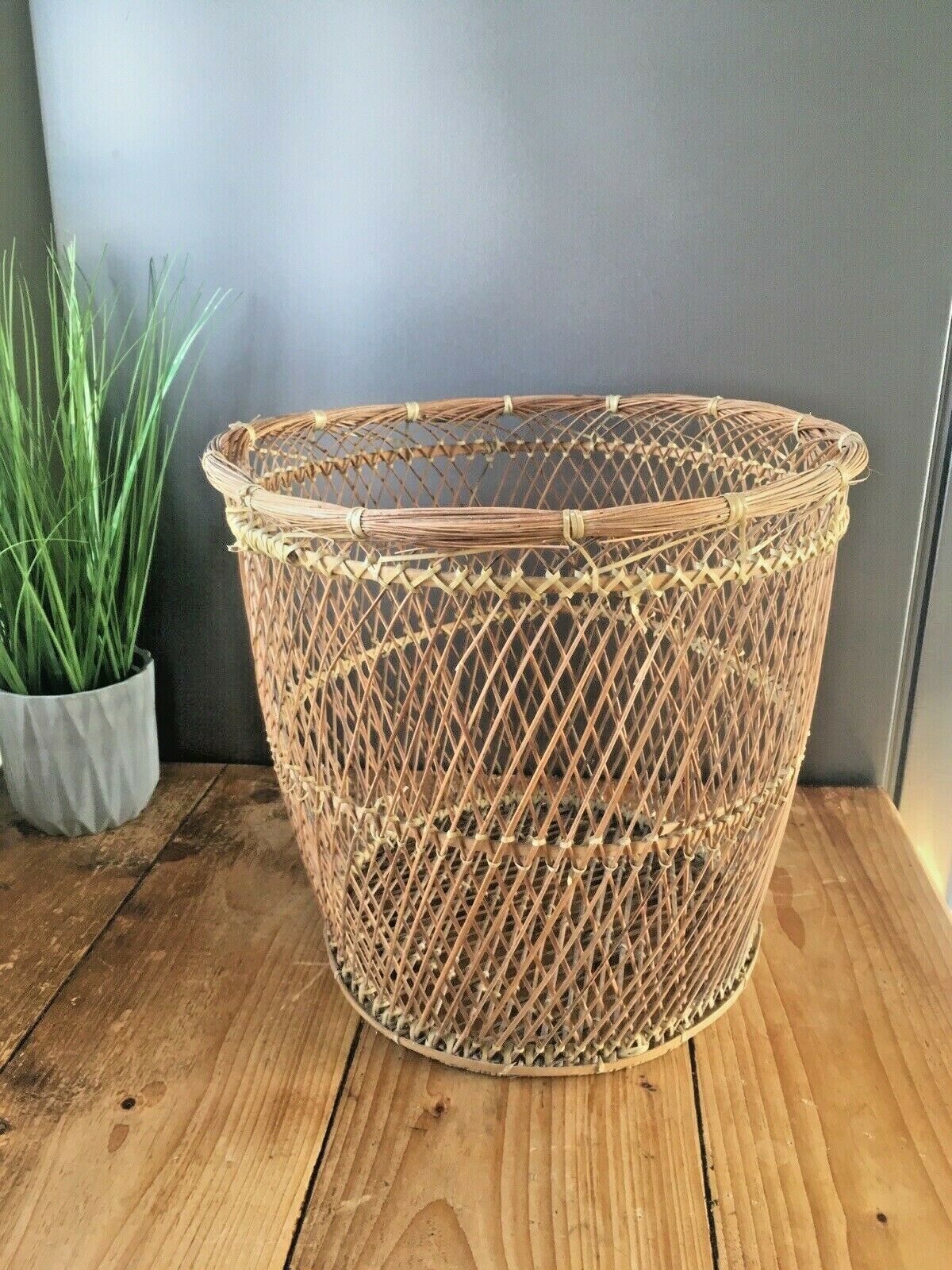 Vintage 50's 60's Woven Wicker Basket Waste Paper Bins Boho Tiki Retro Kitsch photo for sale
