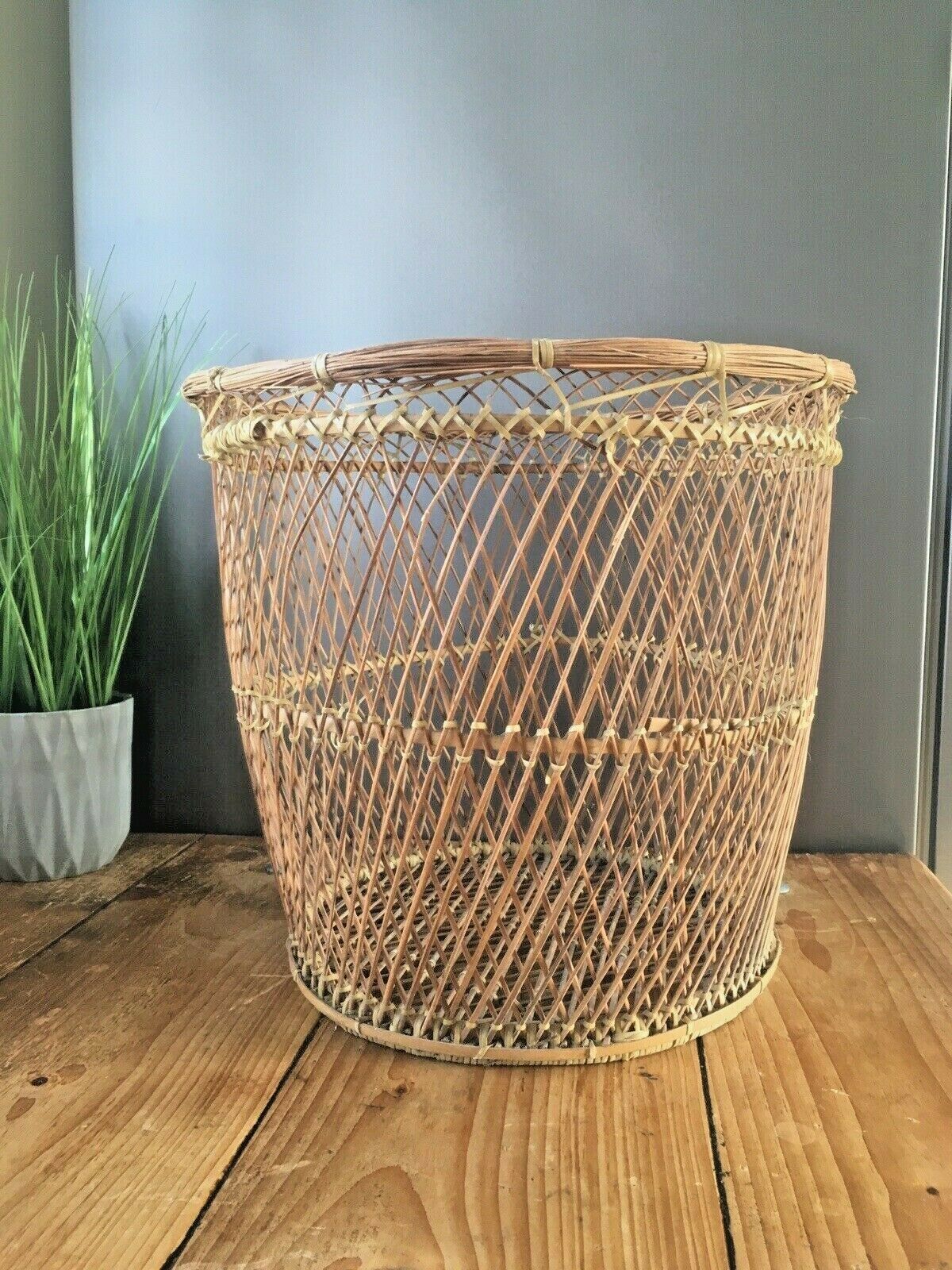 Vintage 50's 60's Woven Wicker Basket Waste Paper Bins Boho Tiki Retro Kitsch photo Home Decor
