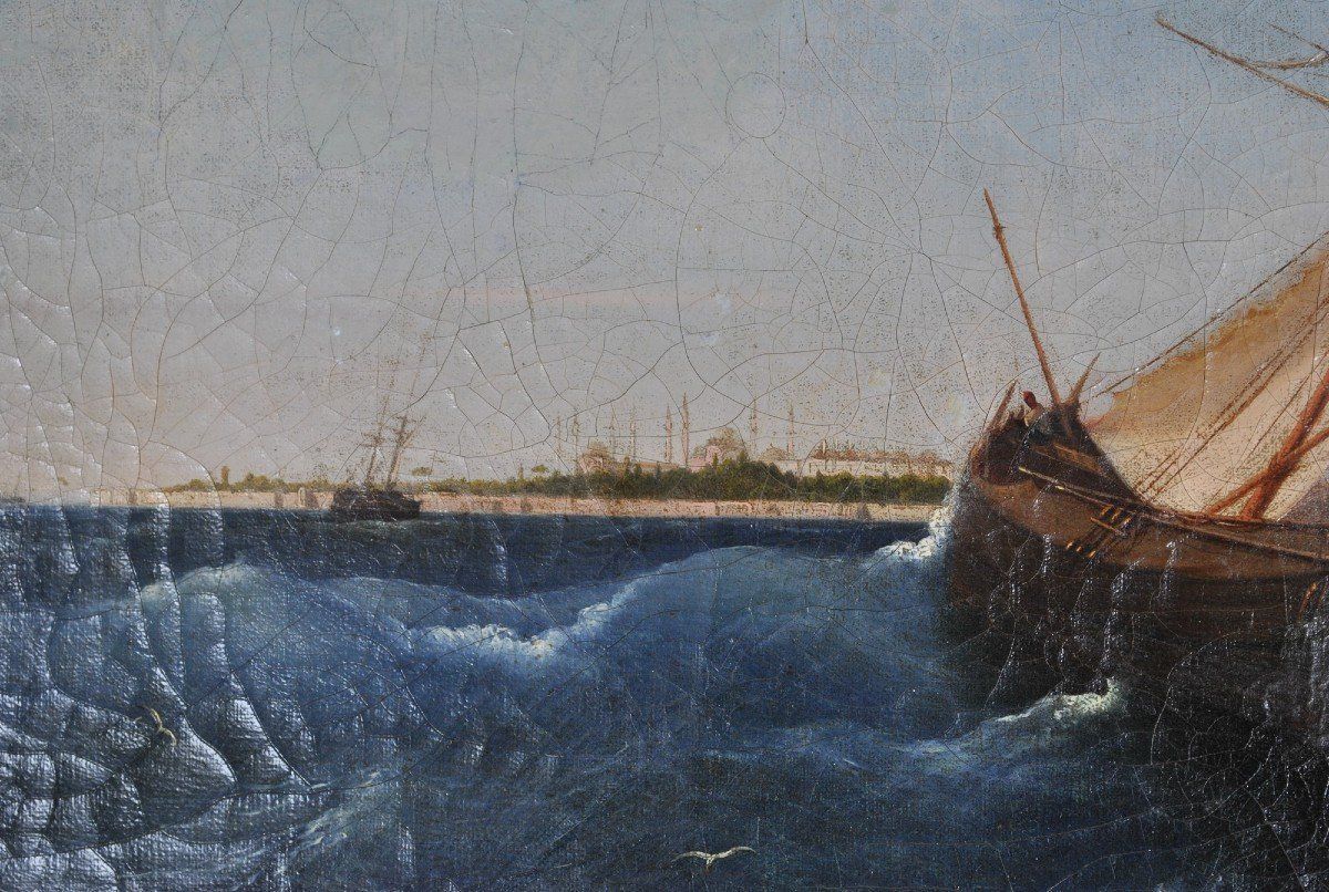 F Berré, Paintins Ship In Front Of Constantinople, Xixth Century photo for sale