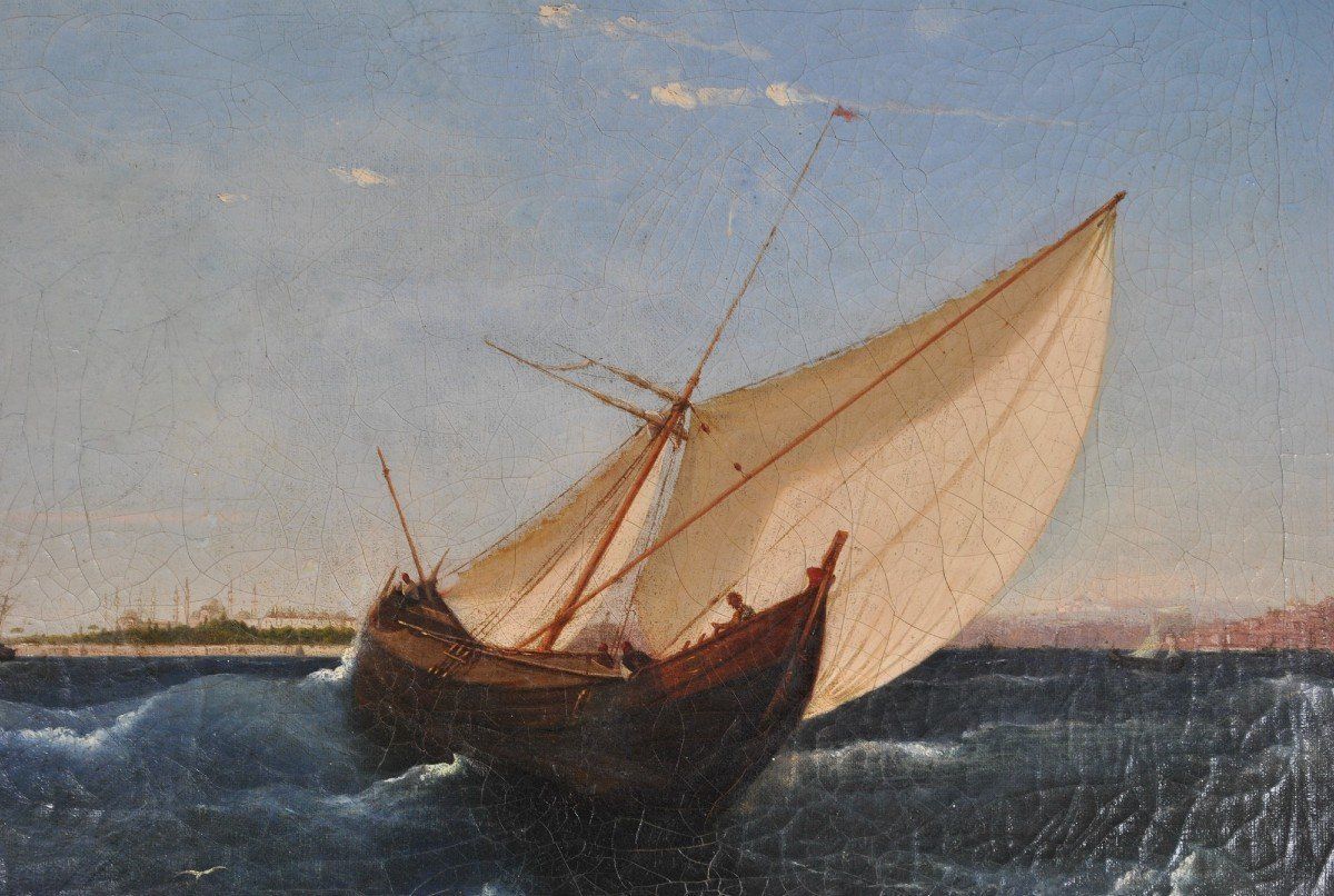 F Berré, Paintins Ship In Front Of Constantinople, Xixth Century photo vinterior