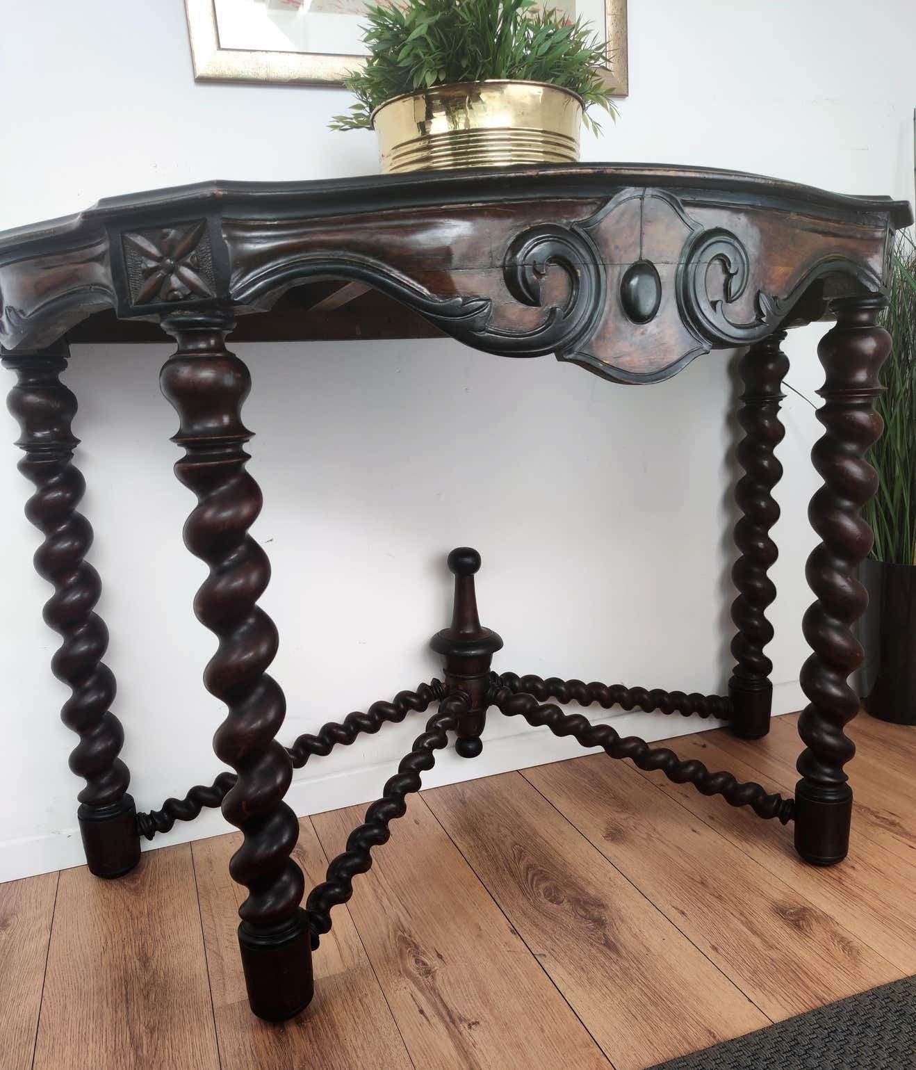 Antique French Console Side Table Carved Oak Beveled Top Barley Twisted Legs photo Furniture