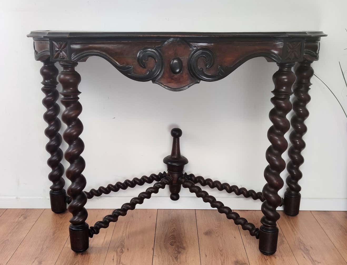 photo furniture Antique French Console Side Table Carved Oak Beveled Top Barley Twisted Legs