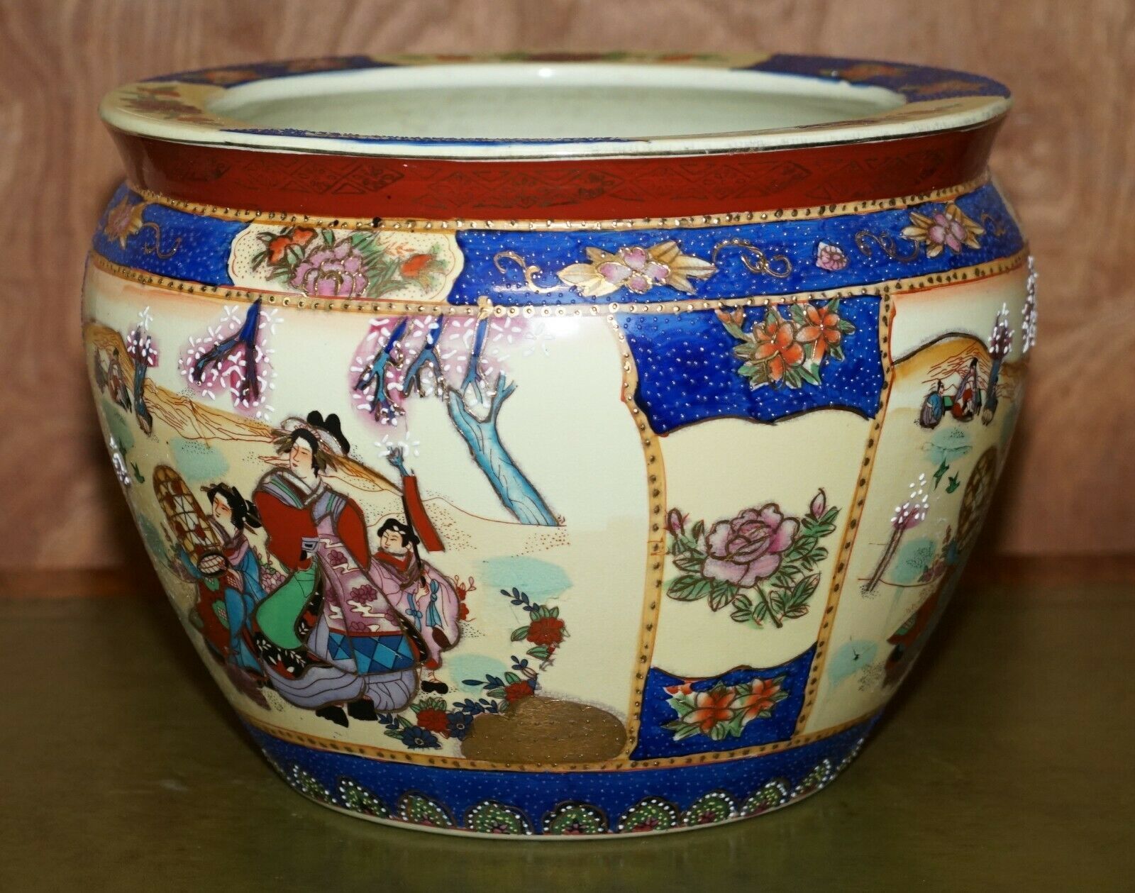 Vintage Large Chinese Export Satsuma Moriage Geishas Koi Fish Bowl Decorative photo vintage