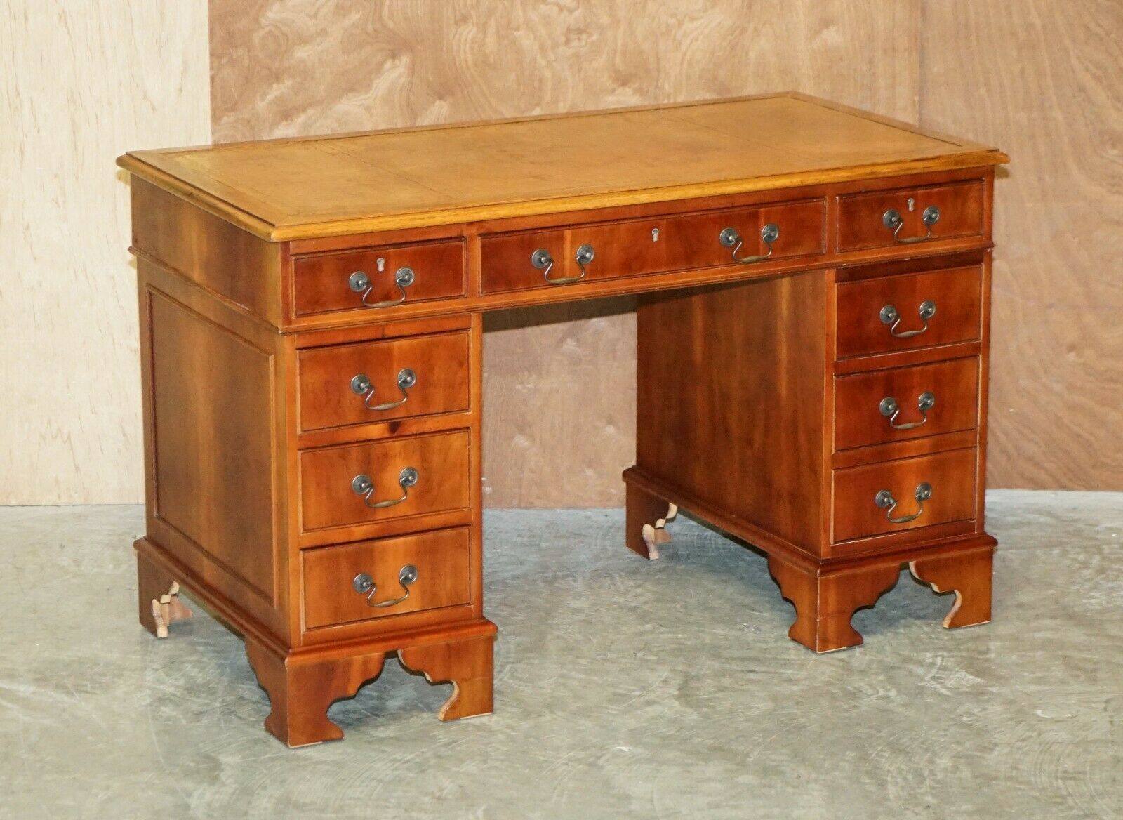 Vintage Walnut Twin Pedestal Partner Desk Tan Brown Leather Top Panelled Back