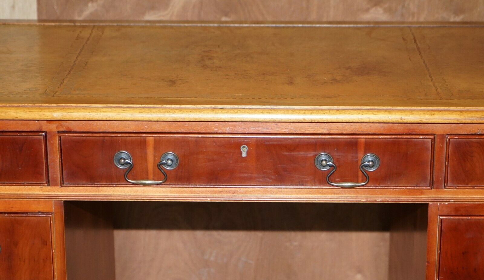 Vintage Walnut Twin Pedestal Partner Desk Tan Brown Leather Top Panelled Back photo Furniture