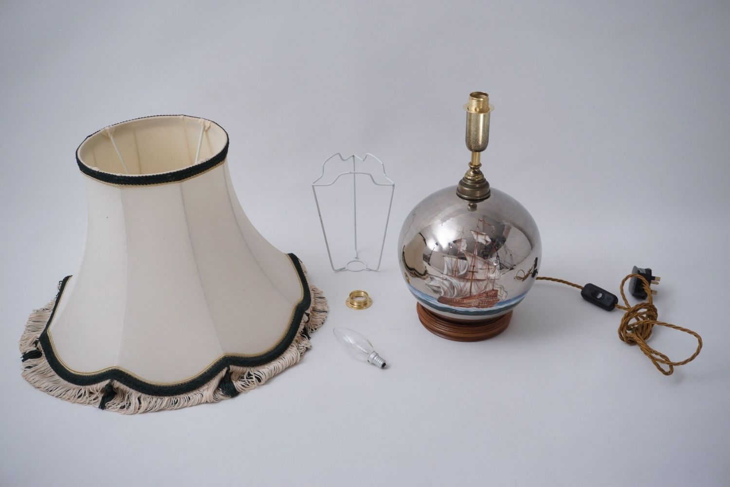 photo for sale Mercury Glass Antique Table Lamp, Galleon & Ship, Handblown, 1920`s Ca, English, Rewired