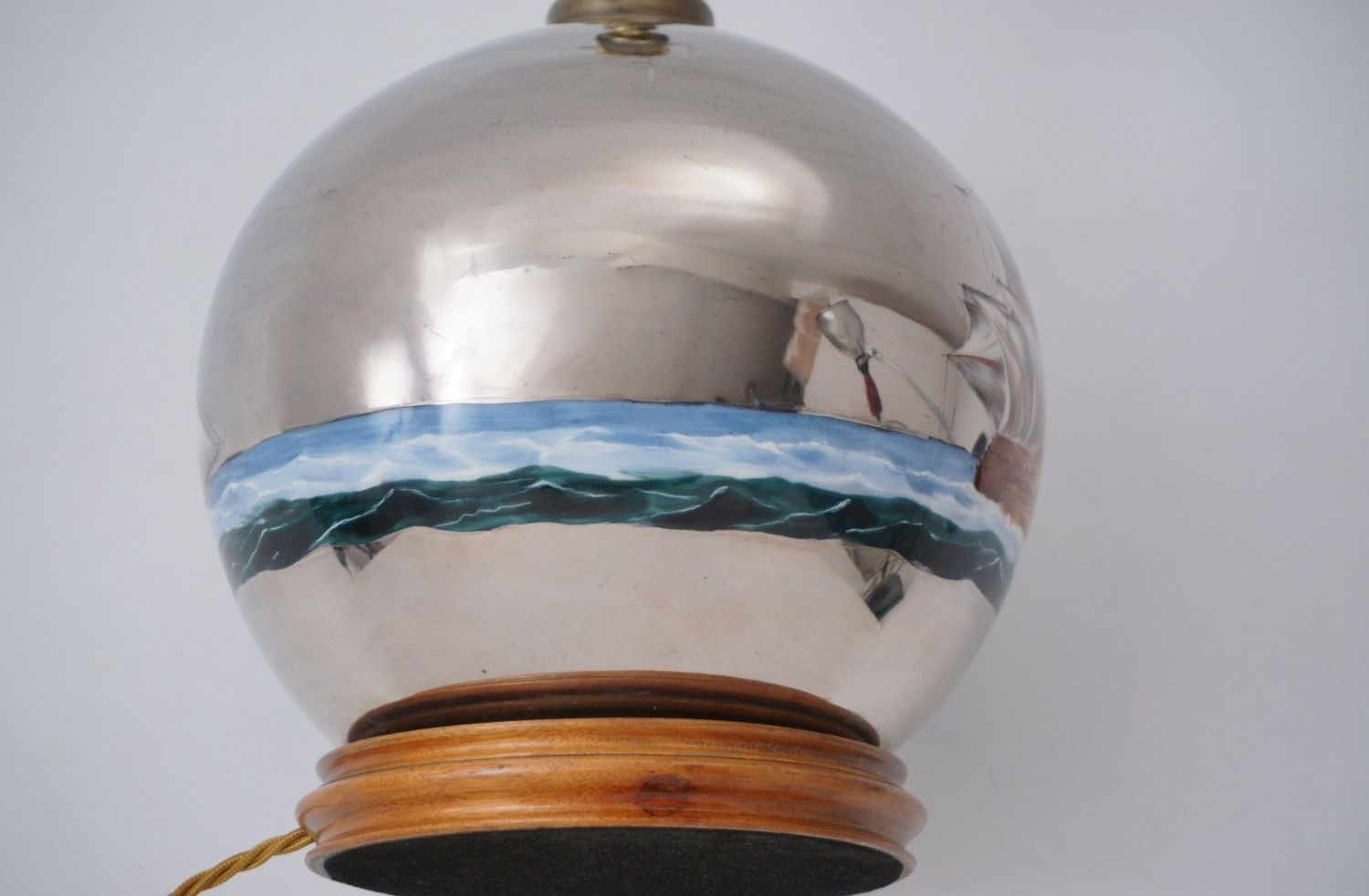 photo vintage Mercury Glass Antique Table Lamp, Galleon & Ship, Handblown, 1920`s Ca, English, Rewired