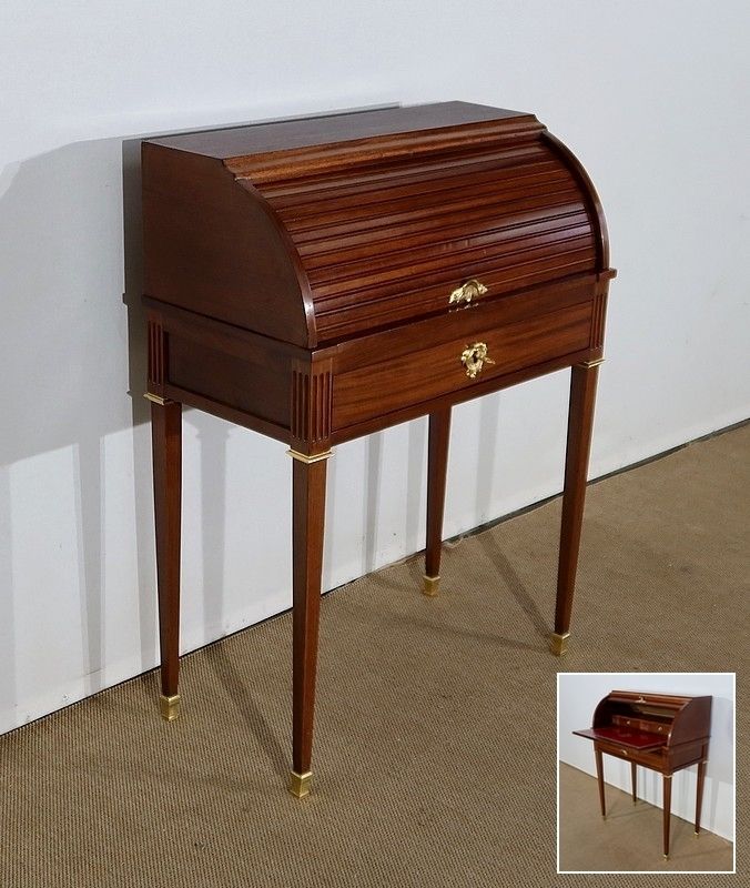 Small Mahogany Cylinder Desk, Louis XVI Style, Late 19th Century