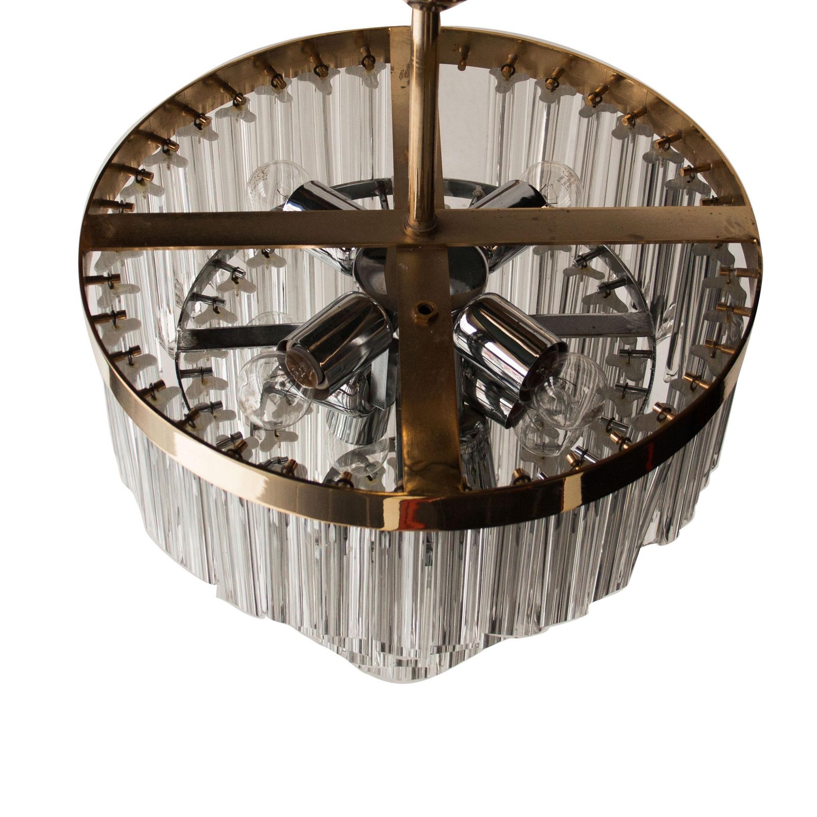 Mid Century Modern Glass And Brass Chandelier Lamp, Italy, 1970 photo for sale