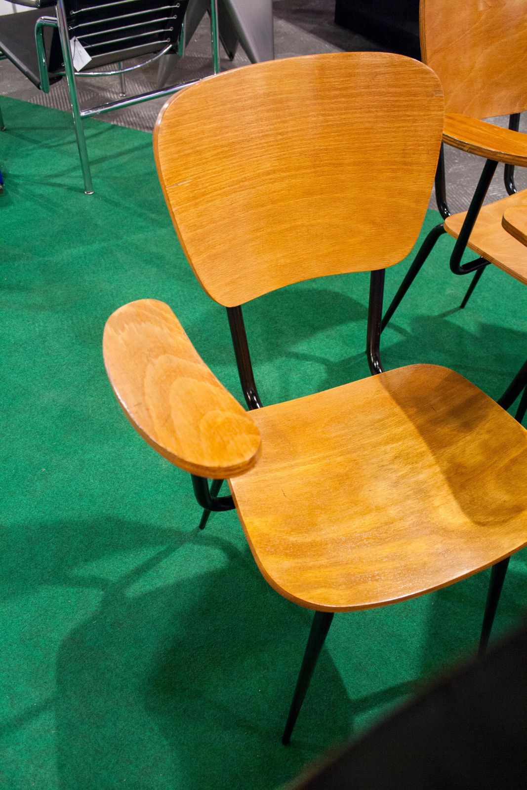 Furniture Mid Century Modern Black Iron Teak Pair Of Armchairs, France, 1950 photo