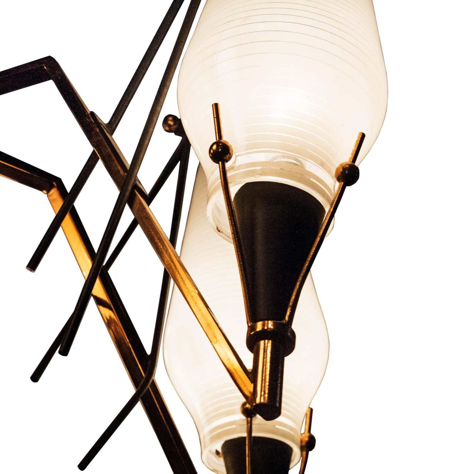 Mid Century Modern Circular Gold White Brass Glass Ceiling Lamp Italy, 1950 photo vinterior