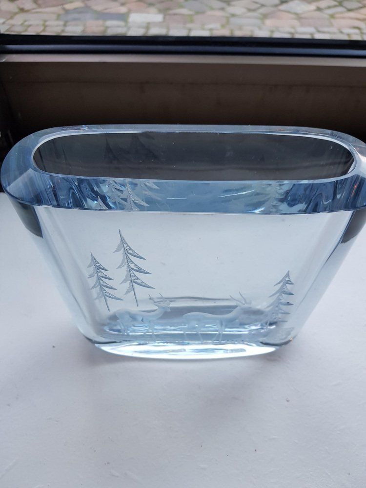 Swedish Ice Blue Glass Vase With An Etched Forest Motif photo for sale