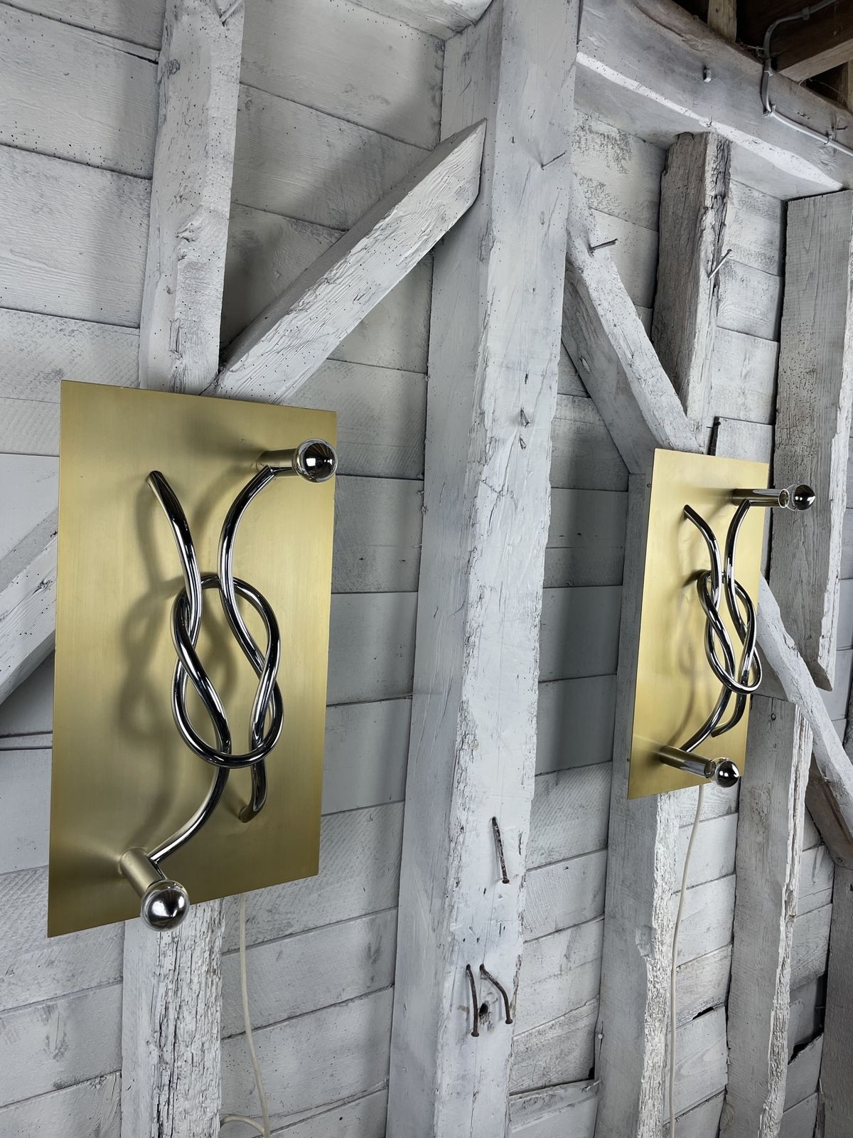 A Pair Of 1970s Italian 'Reef Knot' Wall Light Panels / Sconces Designed By Giacomo Benevelli For Missaglia photo vinterior