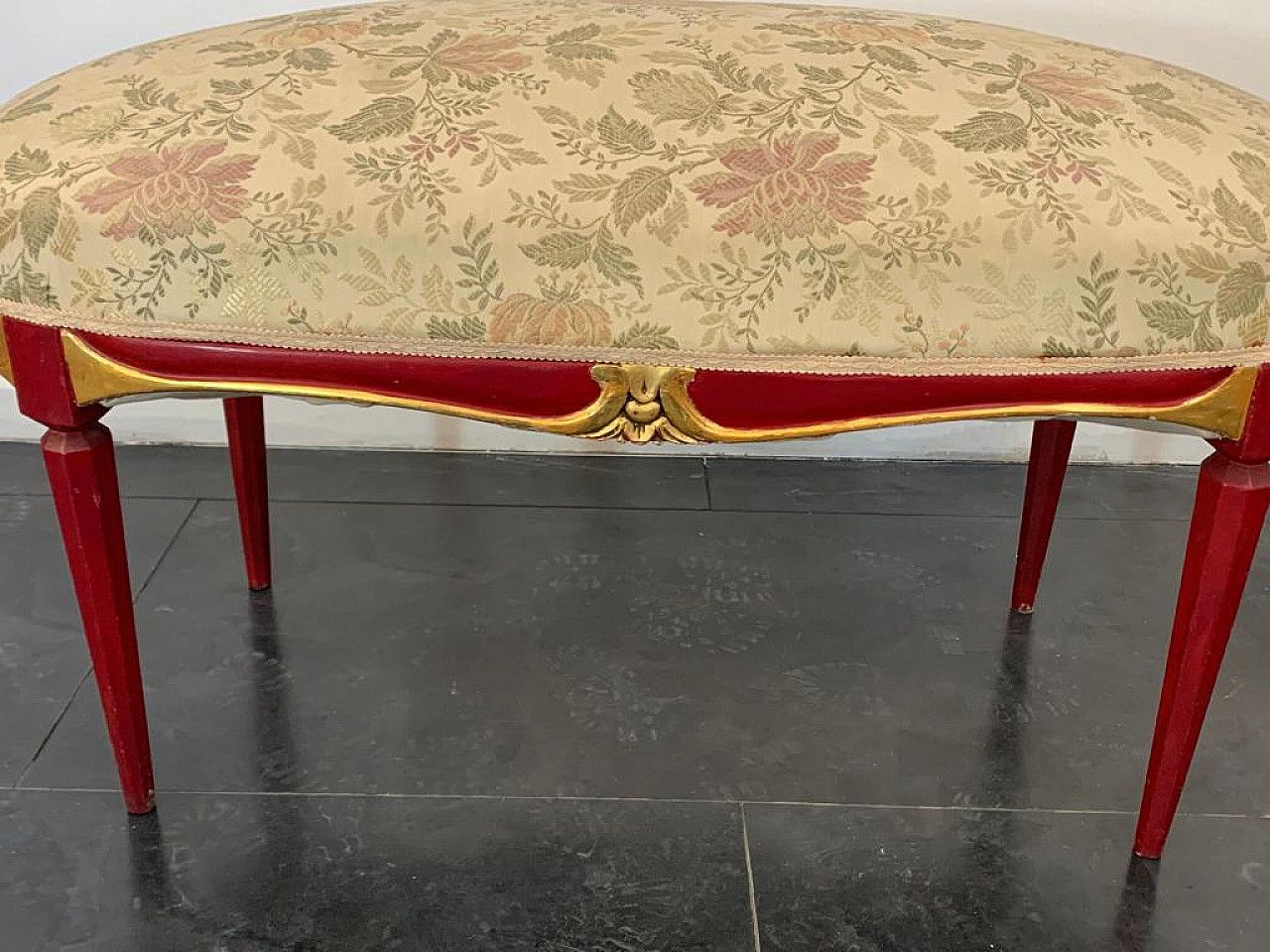 photo furniture Cardinal Red Lacquered Art Deco Style Pouf With Gold Details, 1930s Previous